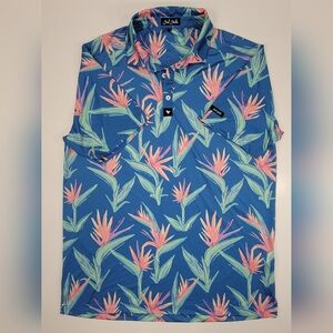Bad Birdie Polo Shirt Men Large Blue Pink Floral Leaf Print AOP Golf Pickle Ball